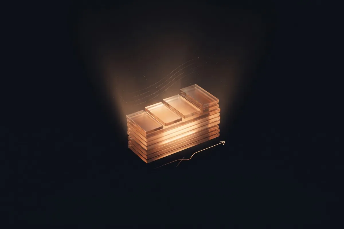 Glowing copper glass blocks form an ascending staircase above a rising arrow on a dark background.