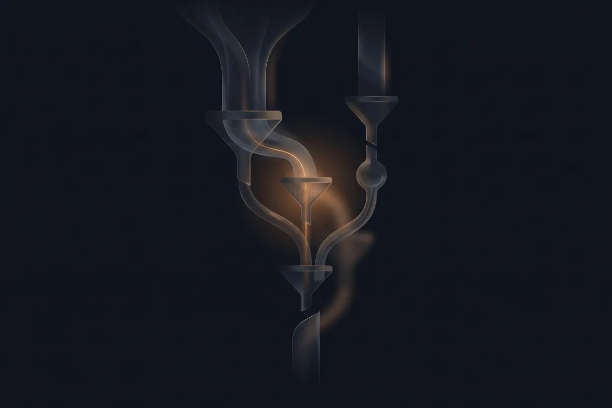 Translucent glass funnels linked by curving tubes on a near-black background, with a warm amber glow flowing through the center.