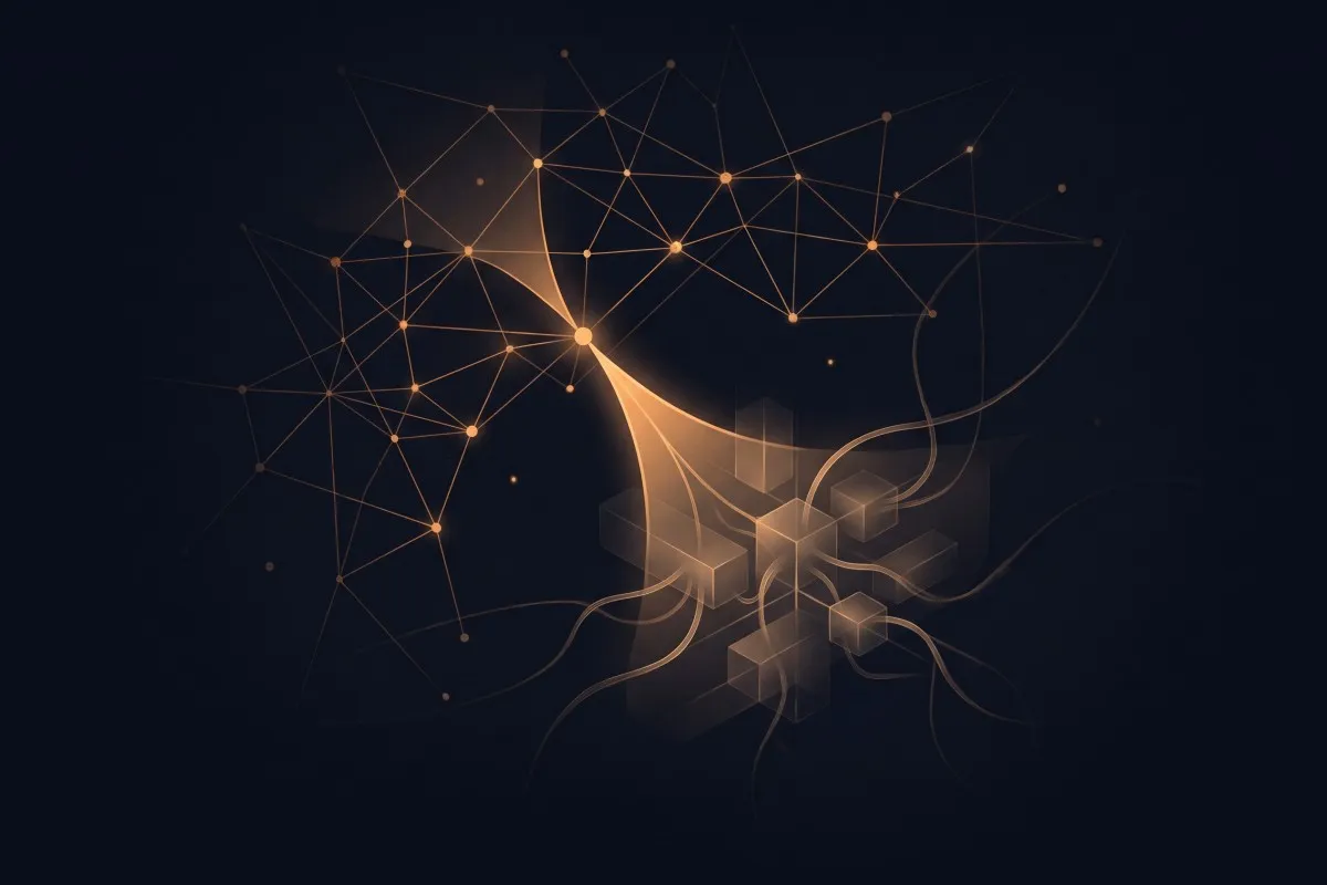 A glowing golden network of connected dots and lines flows into a cluster of translucent cubes on a dark background.